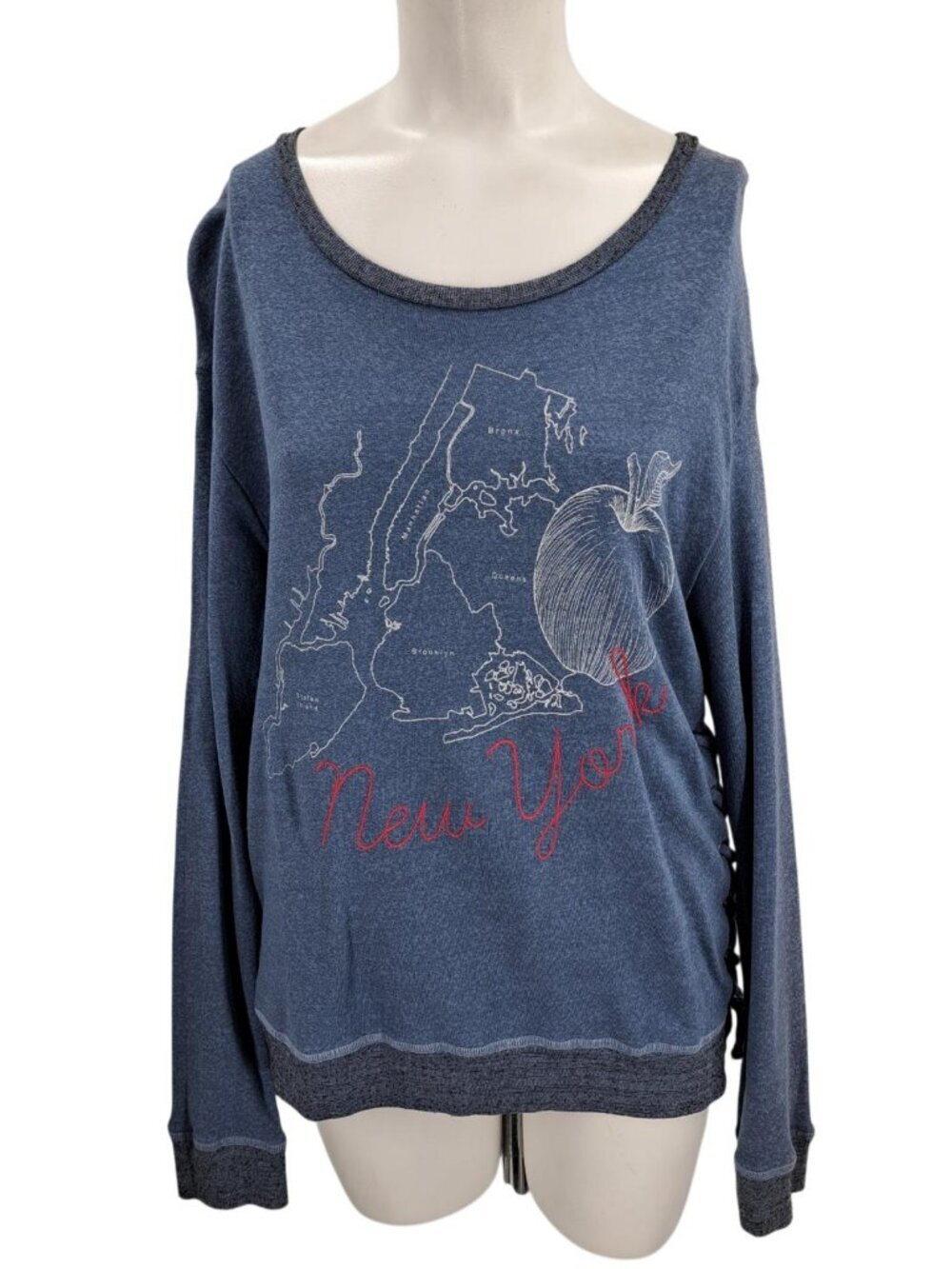 Sundry Graphic Sweatshirt New York Apple Embroidered Size 1 S Blue Lace Up